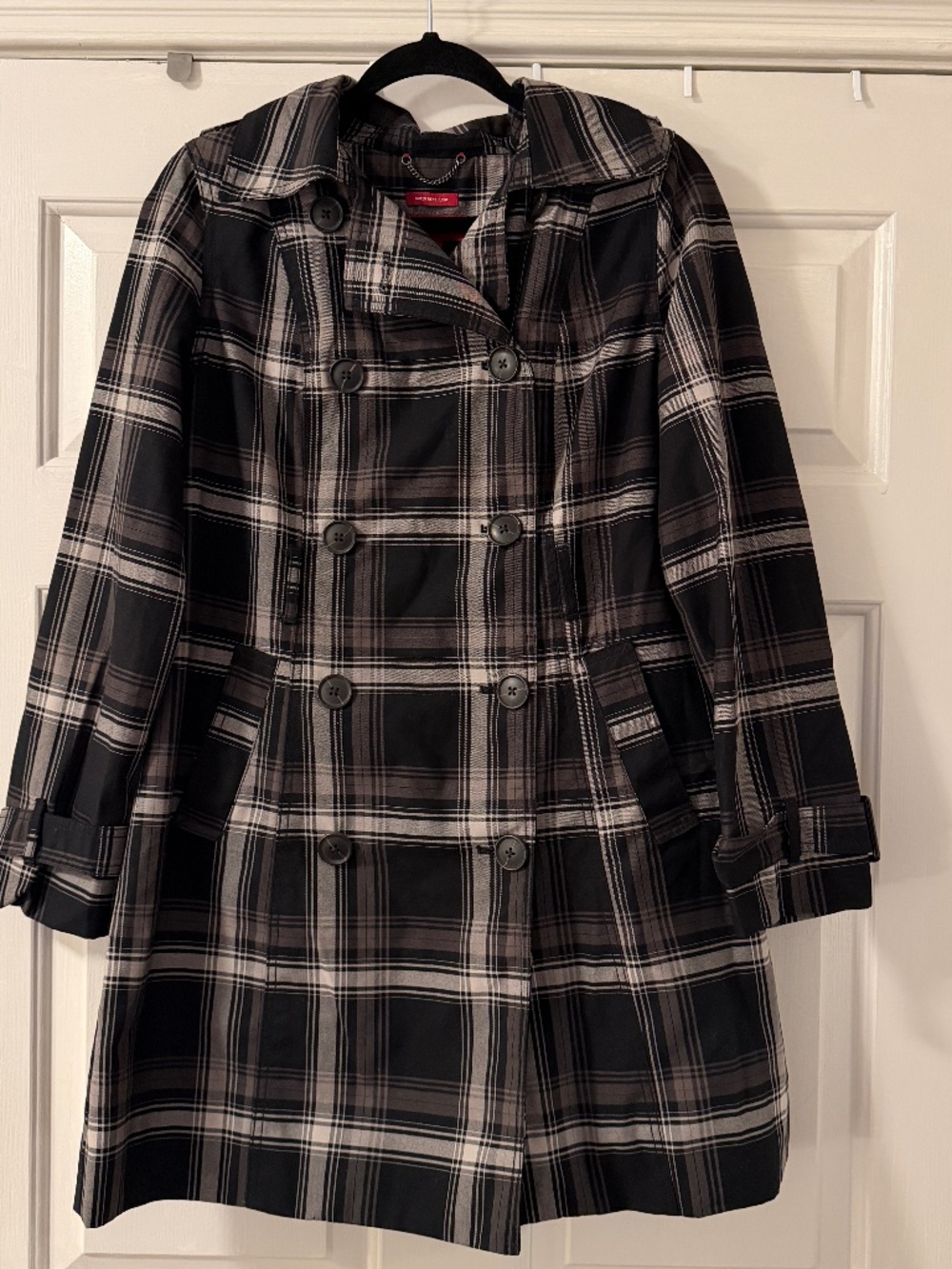 Merona Plaid Double Breasted Trench Coat Women's Small Water Repellent Black